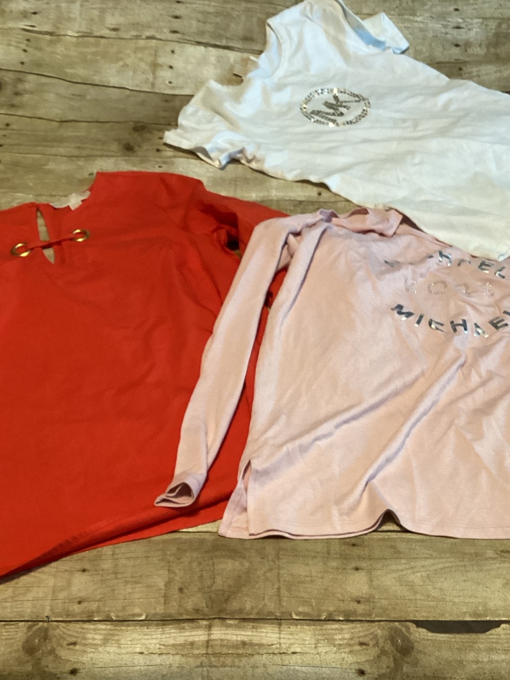 Michael Kors Light Pink Logo Long Sleeve Top with White and Red Tops